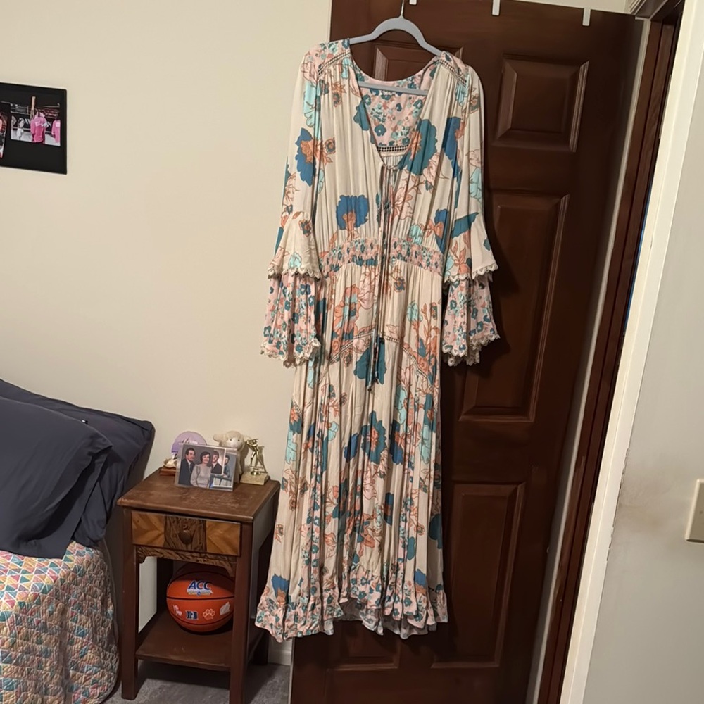 Free People Cream and Blue Ruffled Tiered Sundress